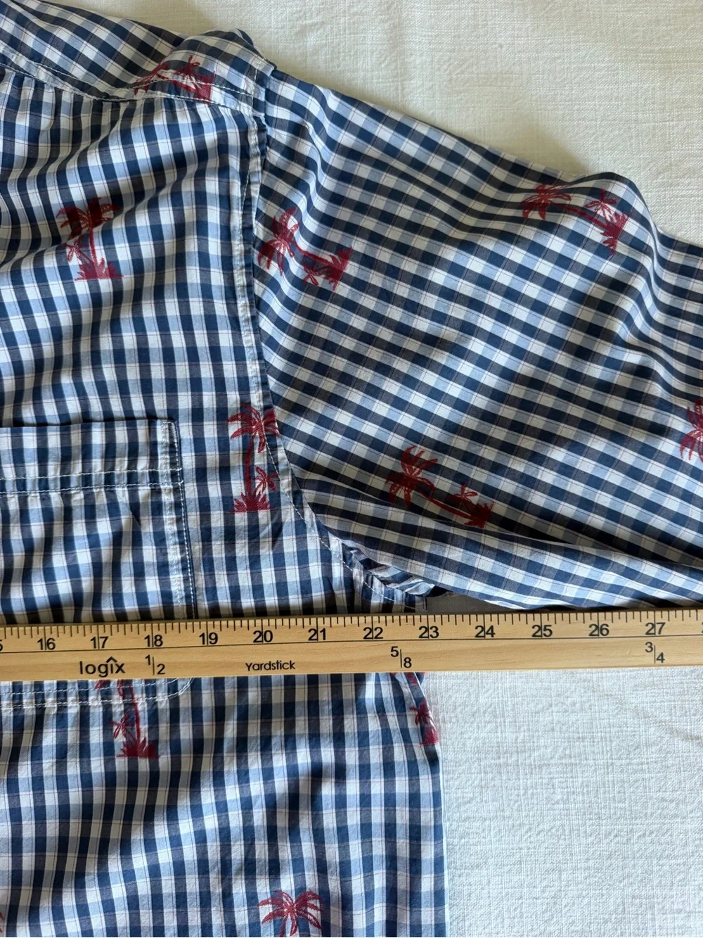 Tommy Bahama Men’s Blue and White Gingham Button-Down with Red Palm Print